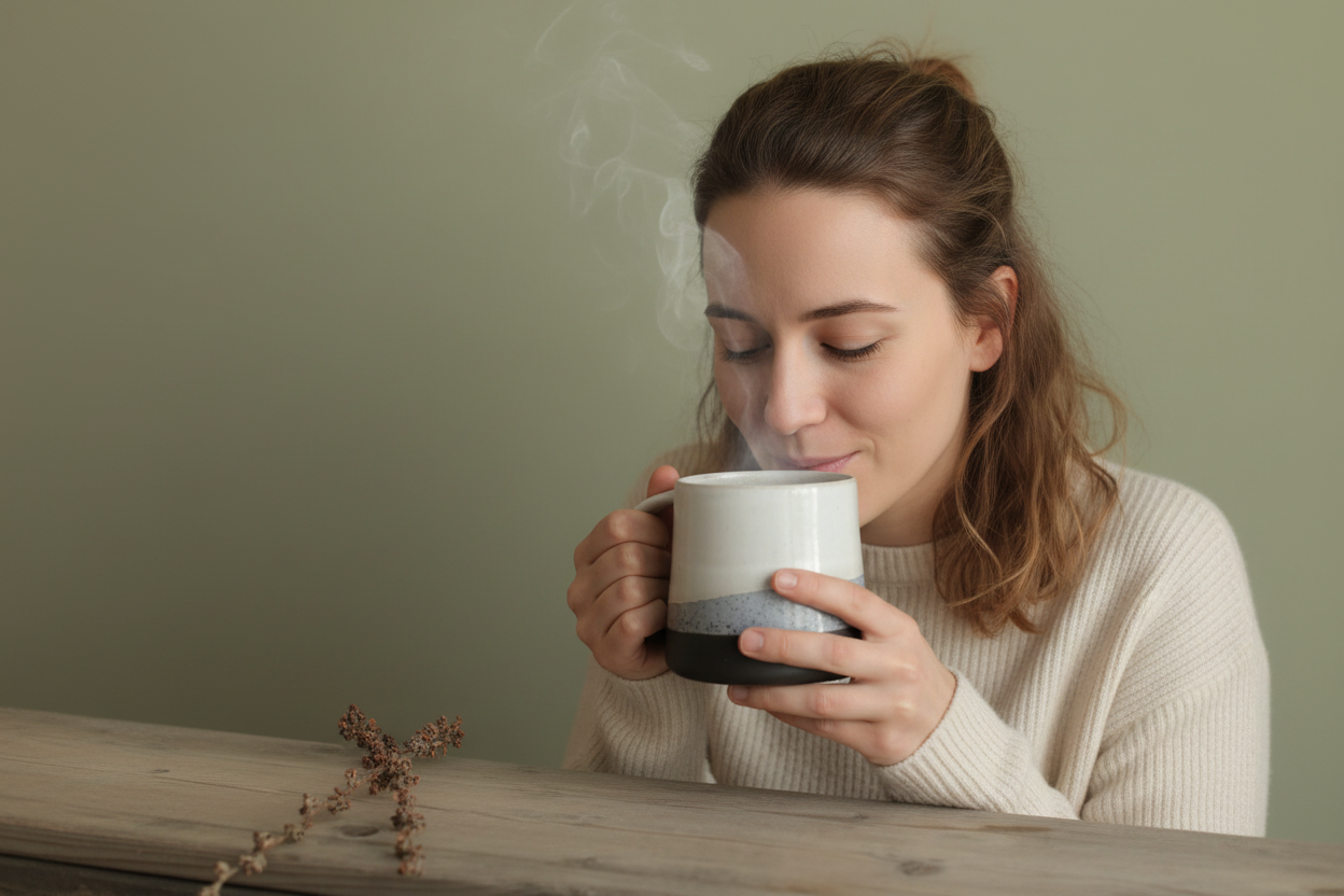 Woman enjoying steaming handmade porcelain mug against a green background