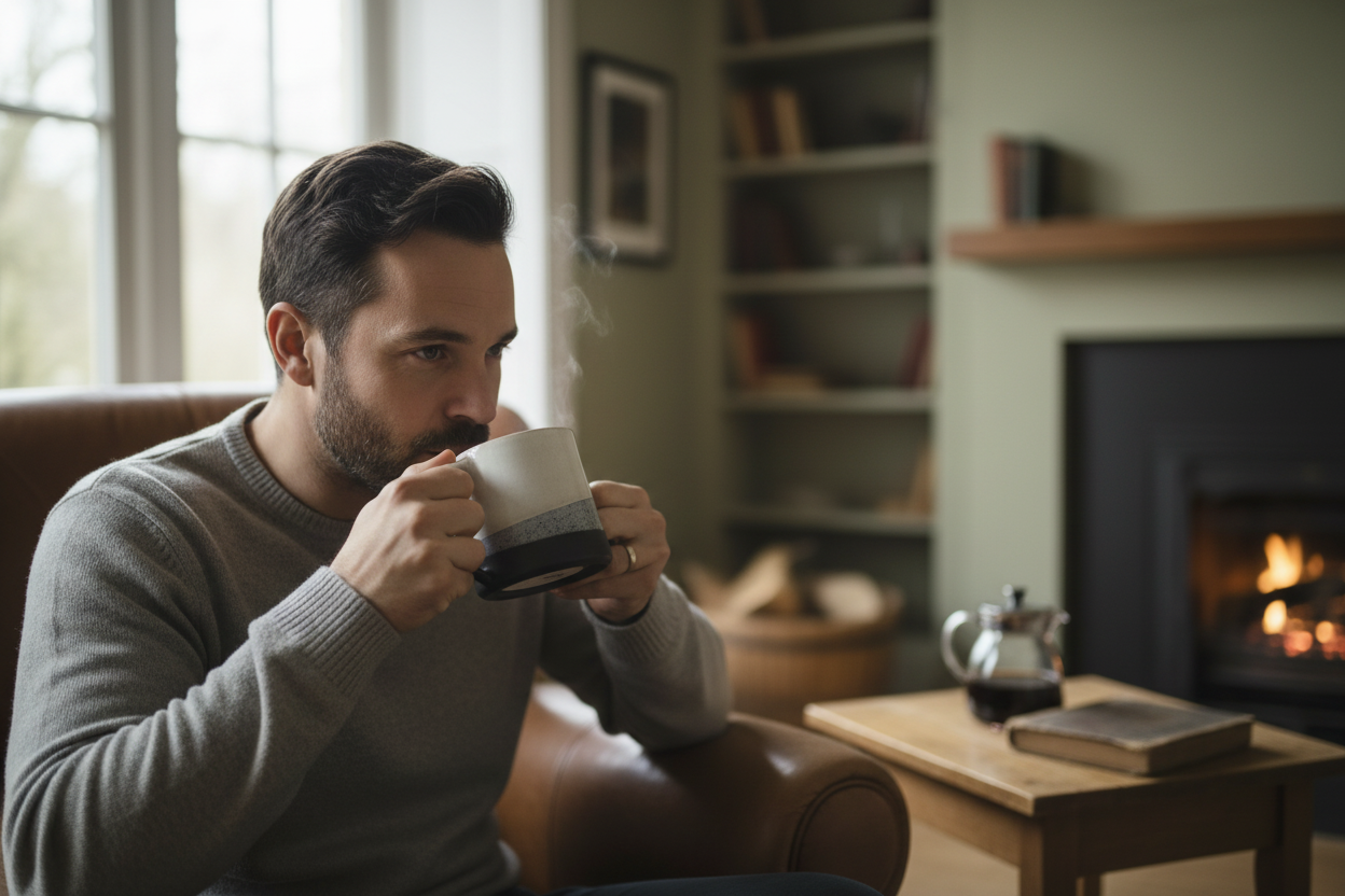 Man drinking from a handmade two-tone porcelain mug by a fireplace